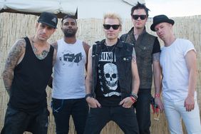 Deryck Whibley, Jason McCaslin, Tom Thacker, Dave Baksh, Frank Zummo from Sum 41 are posing for Photo Session at Rock en Seine on August 28, 2016 in Paris, France.
