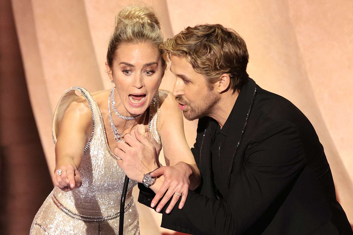 Emily Blunt and Ryan Gosling during the live telecast of the 96th Annual Academy Awards in Dolby Theatre at Hollywood & Highland Center in Hollywood, CA, Sunday, March 10, 2024.