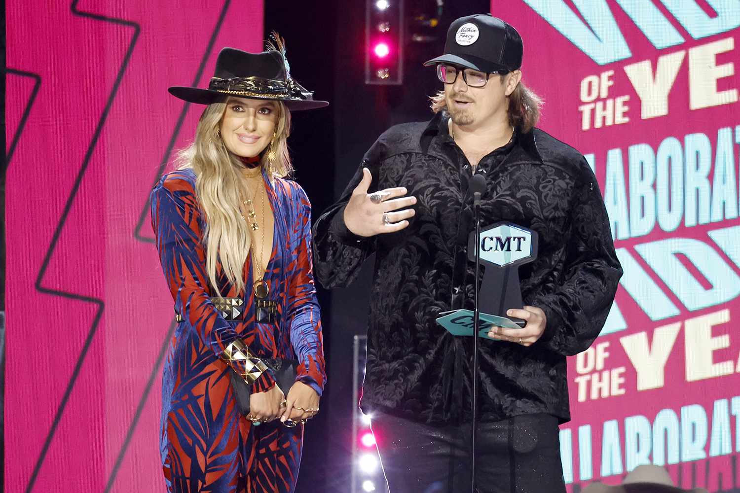 AUSTIN, TEXAS - APRIL 02: Lainey Wilson and HARDY speak onstage during the 2023 CMT Music Awards at Moody Center on April 02, 2023 in Austin, Texas. (Photo by Jason Kempin/Getty Images)