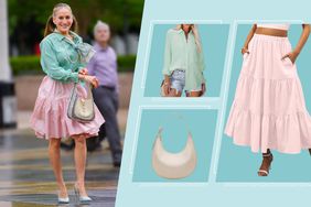 Sarah Jessica Parker on the left and a collage of a blouse, purse and skirt on the right over a blue background