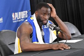 Draymond Green #23 of the Golden State Warriors talks to the media after Round 1 Game 2 of the 2023 NBA Playoffs