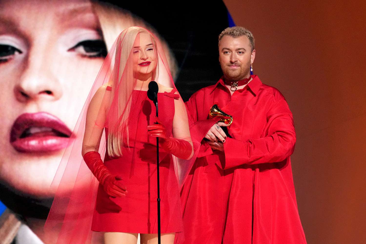 Kim Petras and Sam Smith accept Best Pop Duo/Group Performance for Unholy onstage during the 65th GRAMMY Awards at Crypto.com Arena on February 05, 2023 in Los Angeles, California.