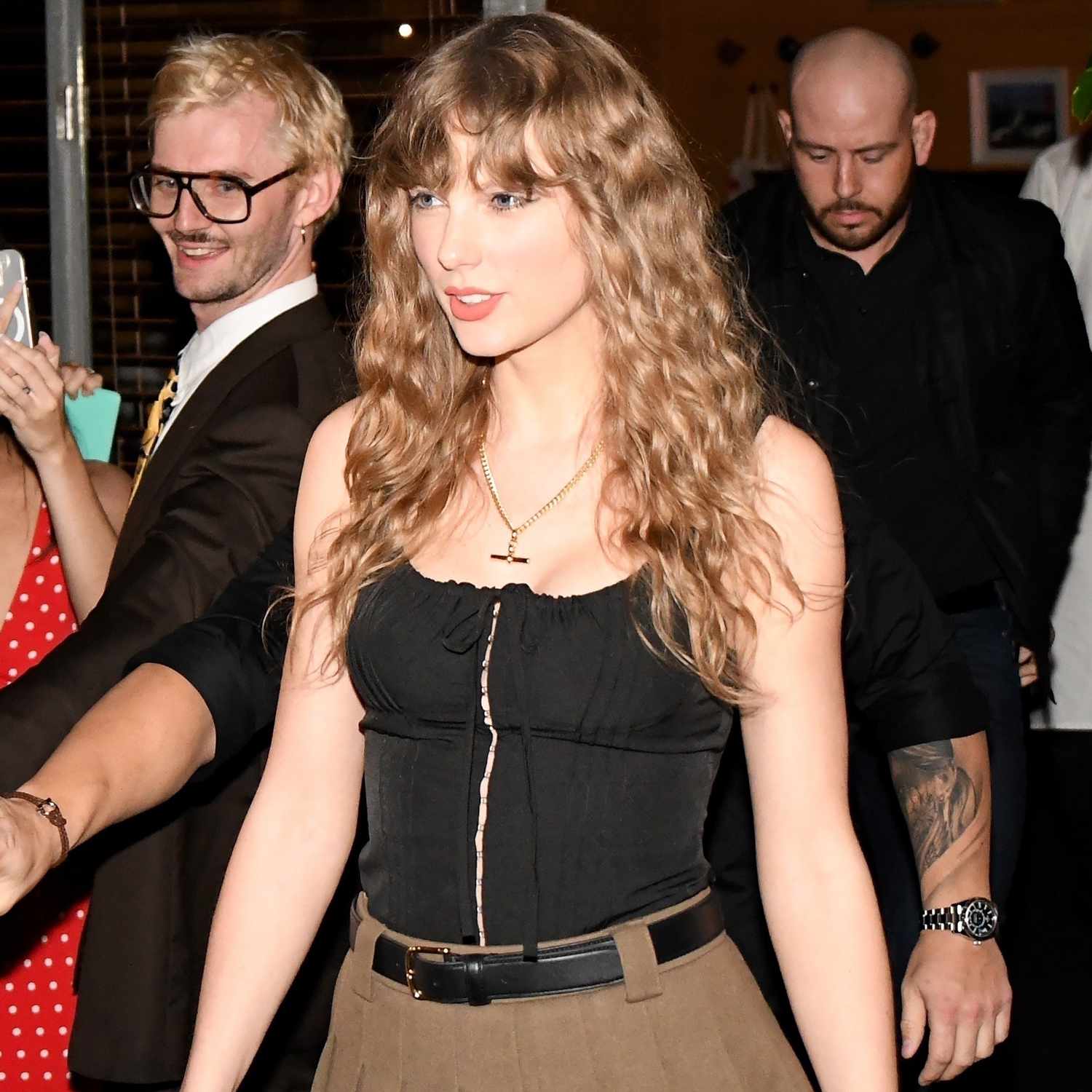 Taylor Swift was spotted leaving Pellegrino 2000 bar and restaurant on Tuesday evening, just ahead of her sold-out stadium shows. The 