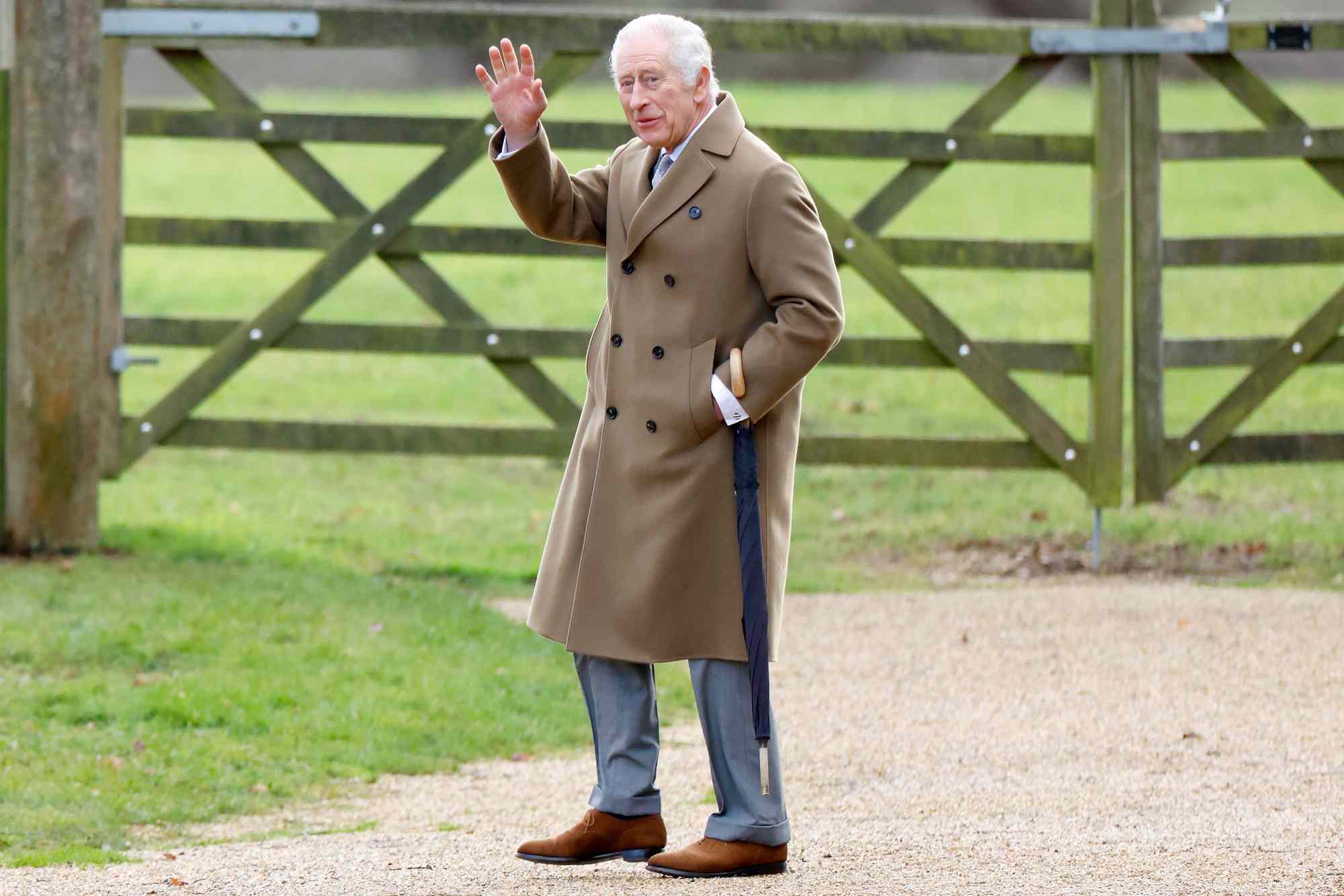 King Charles III attends the Sunday service at the Church of St Mary Magdalene on the Sandringham estate on January 7, 2024 in Sandringham, England. 