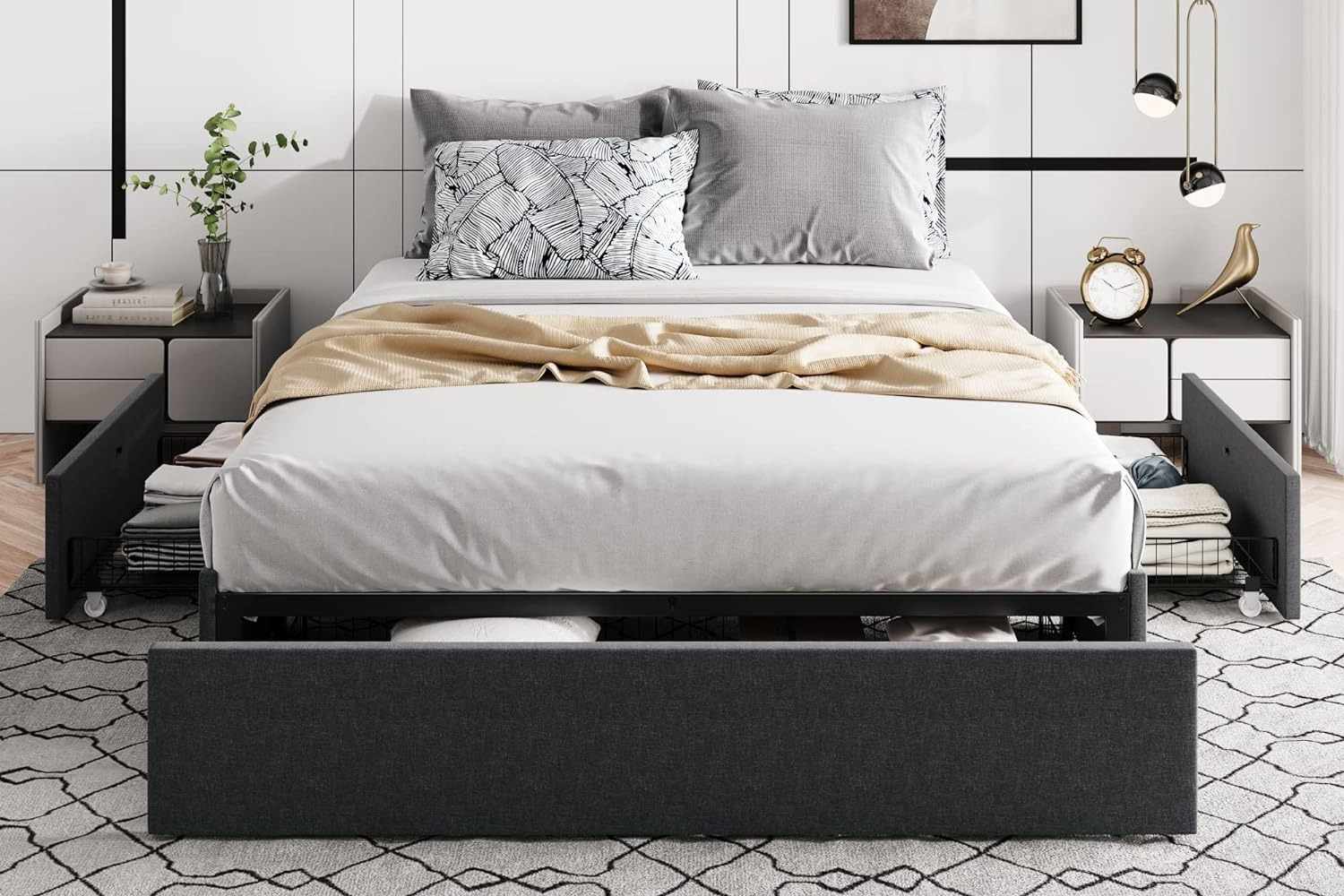 Allewie Queen Size Platform Bed Frame with 3 Storage Drawers, Fabric Upholstered, Wooden Slats Support, No Box Spring Needed, Noise Free, Easy Assembly, Dark Grey
