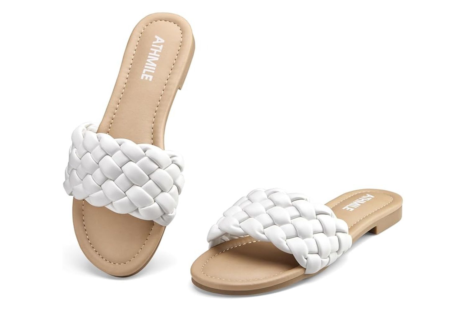 ATHMILE Braided Womens Sandals Round Open Toe Fashion Slide Sandals Women Dressy Summer Flat Beach