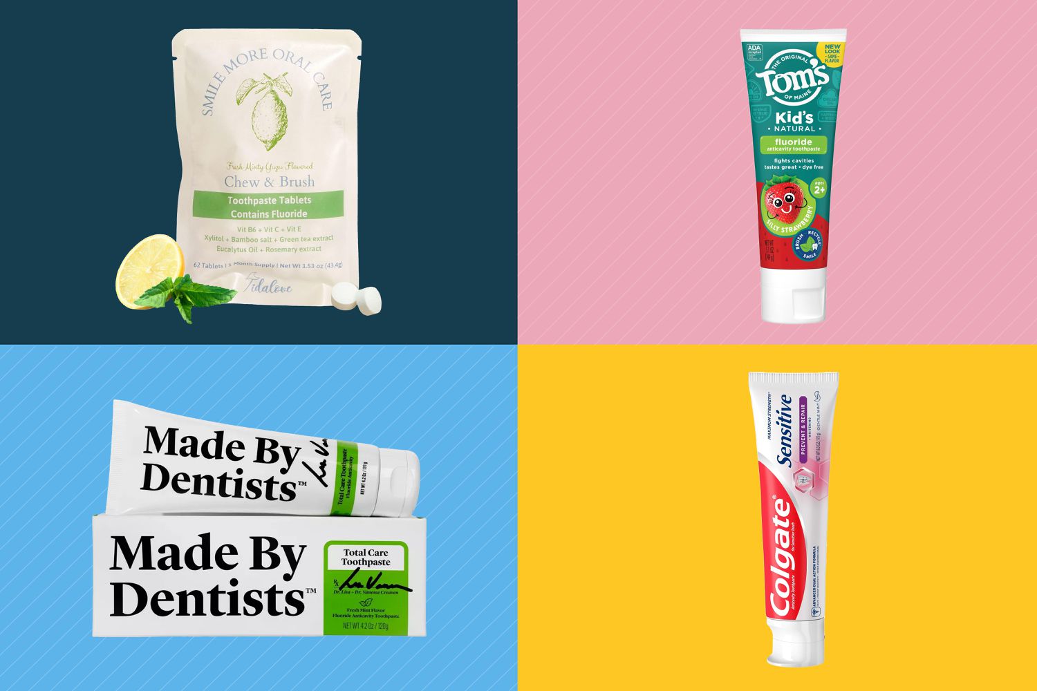 A variety of toothpaste on a colorful background