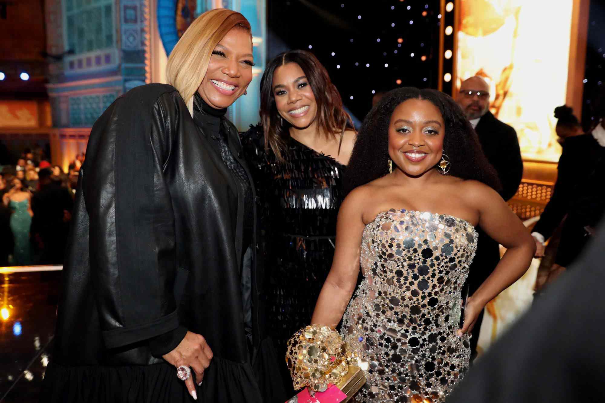 PASADENA, CALIFORNIA - FEBRUARY 25: (L-R) Host Queen Latifah, Regina Hall, and Quinta Brunson pose onstage during the 54th NAACP Image Awards at Pasadena Civic Auditorium on February 25, 2023 in Pasadena, California. (Photo by Johnny Nunez/Getty Images for BET)
