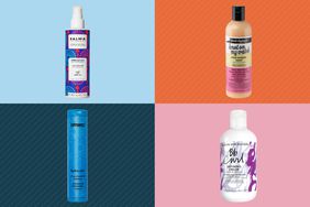 An assortment of curly hair products we recommend on a colorful background
