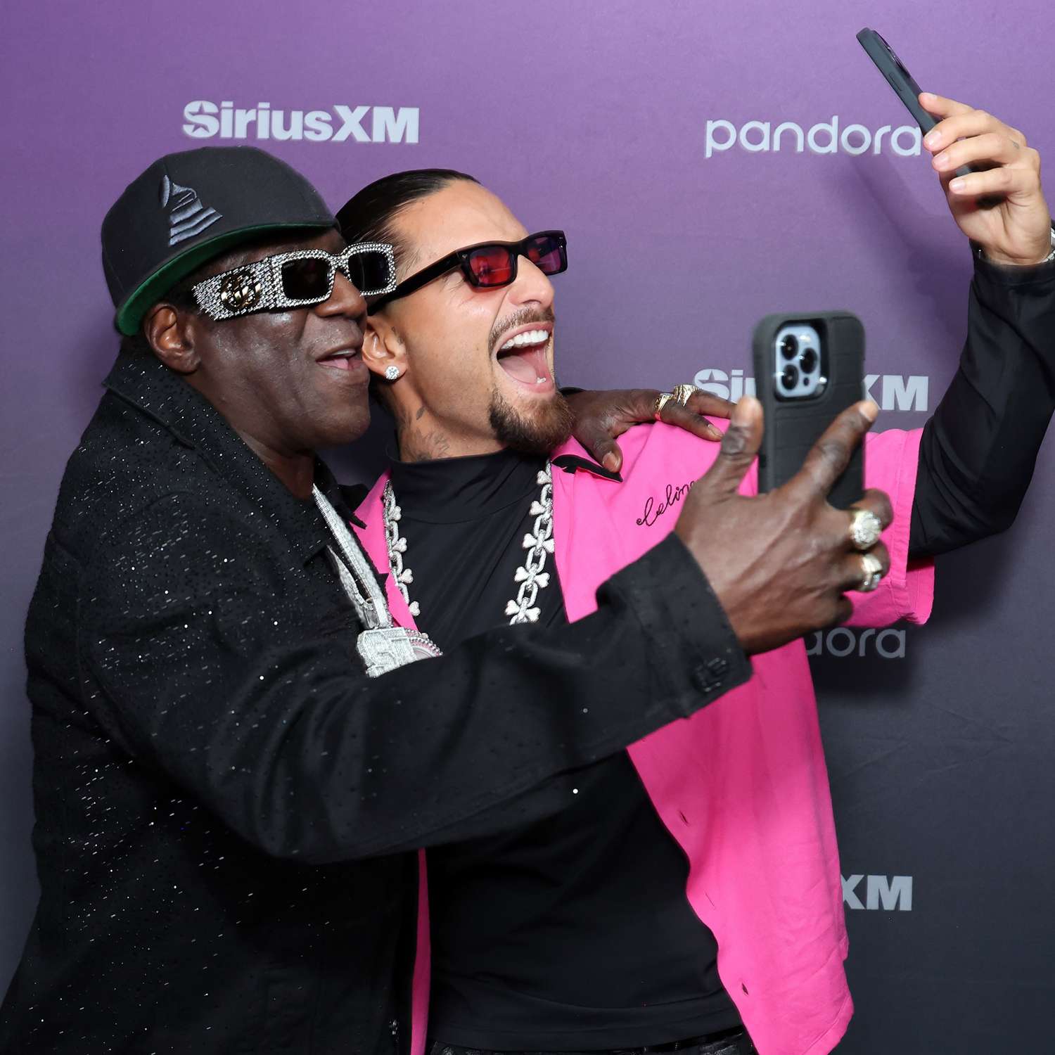 Flavor Flav and Maluma attend Maluma Live from the Theater at Virgin Hotels Las Vegas for SiriusXM and Pandora on February 08, 2024 in Las Vegas, Nevada