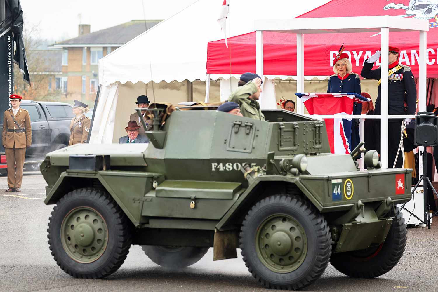 A Dingo armoured vehicle from ww2 similar to what the Queens late father Major Bruce Shand MC & Bar would have commanded parades past Queen Camilla during a visit to The Royal Lancers on April 22, 2024 in Catterick, England.