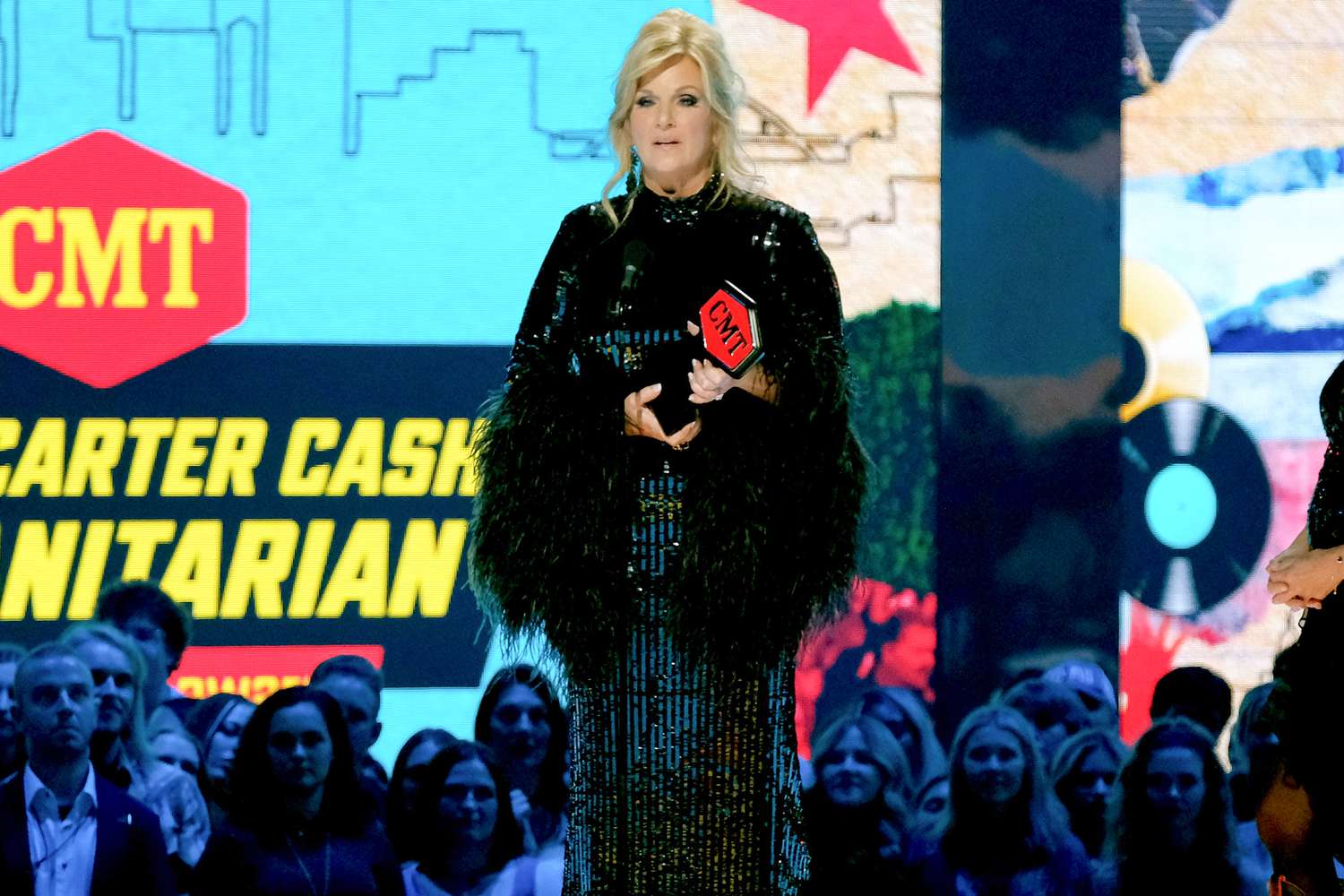 Trisha Yearwood accepts the June Carter Cash Humanitarian Award at the 2024 CMT Awards at the Moody Center in Austin, Texas on April 7, 2024
