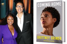 Cherelle Griner and Brittney Griner attend the 54th NAACP Image Awards at Pasadena Civic Auditorium on February 25, 2023 in Pasadena, California.; Book cover for Brittney Griner's "Coming Home"