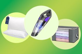 Collage of two pillows, a handheld vacuum, and a clothes storage bag on a green background
