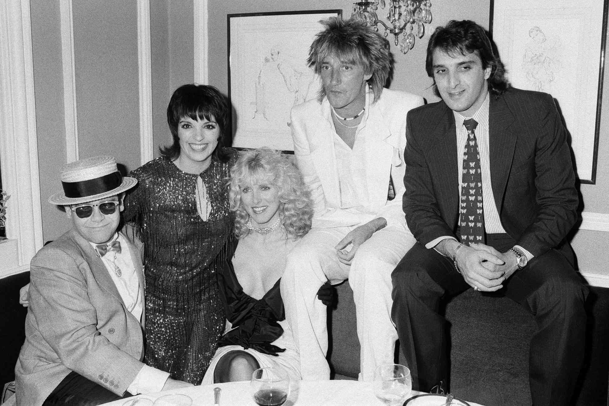 Left to right, Elton John, Liza Minnelli, Alana Stewart, Rod Stewart, and Mark Gero (Minnelli's husband)