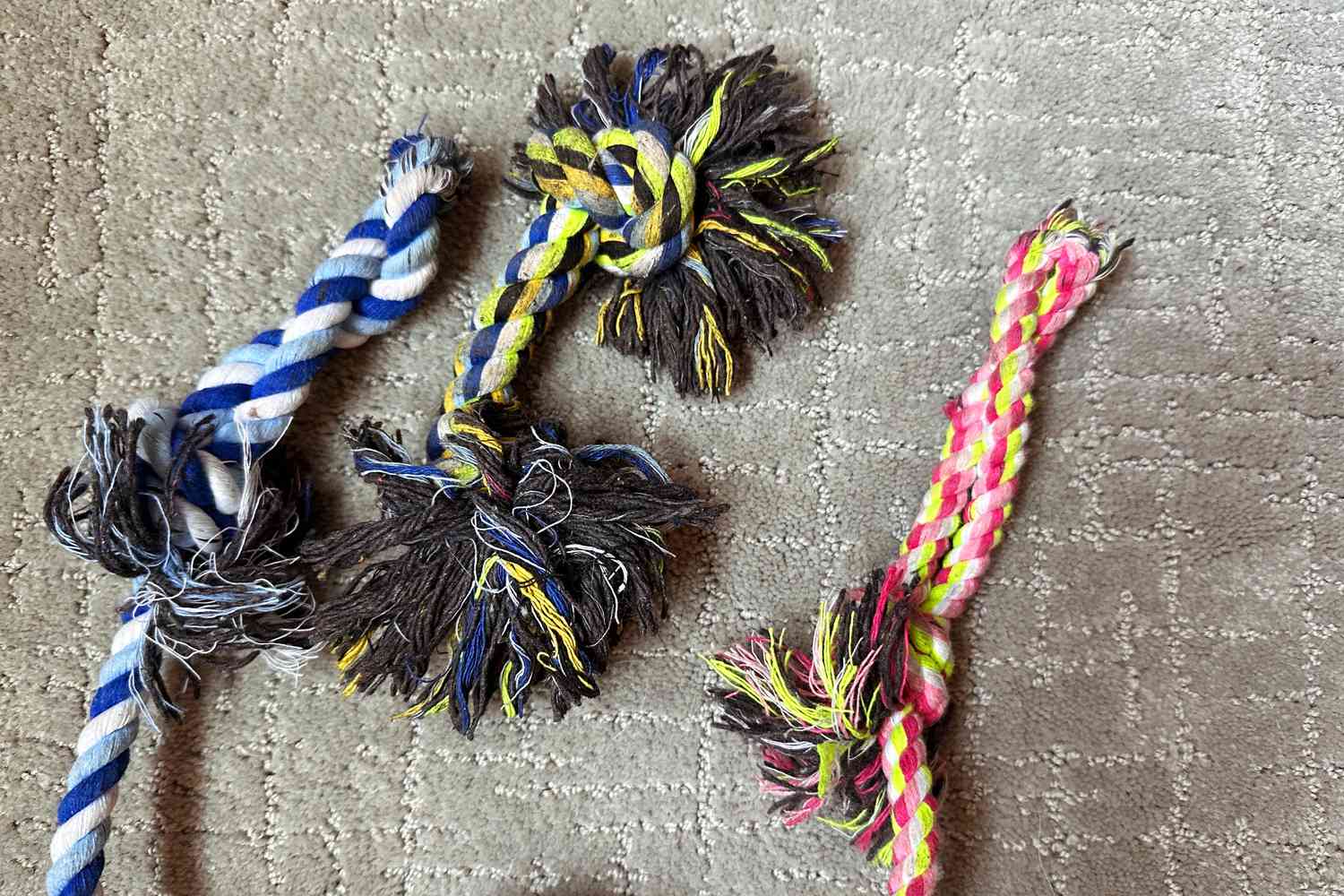 various Otterly Pets Puppy Dog Pet Rope Toys on carpeted floor