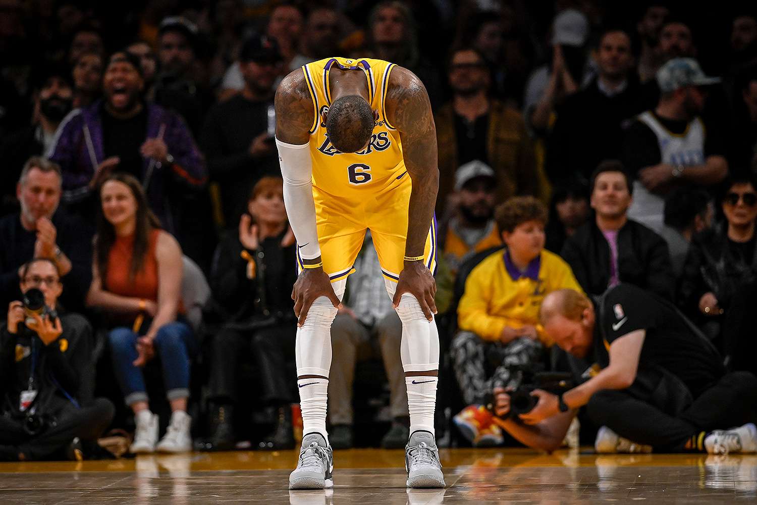 LeBron James (6) of the Los Angeles Lakers hangs his head during the fourth quarter of the Denver Nuggets' 113-111 Western Conference finals