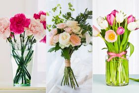 Green glass full of pink carnations on dresser near window; Bouquet of Roses; Tulips in glass jar in front of window with sheer curtains. Great for Mother's Day or Easter.