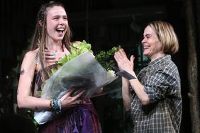 Ella Beatty making her broadway debut and Sarah Paulson during the curtain call as the new play "Appropriate" re-opens on Broadway at The Belasco Theatre on March 25, 2024 in New York City