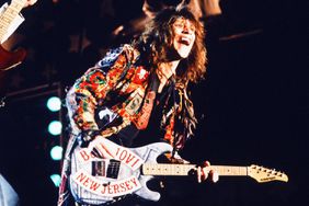 Bon Jovi, live, Moscow Music Peace Festival 1989 at Luzhniki Stadium, Moscow, USSR, 12th and 13th August, 1989. (L-R) Richie Sambora (guitar), Jon Bon Jovi (vocals).