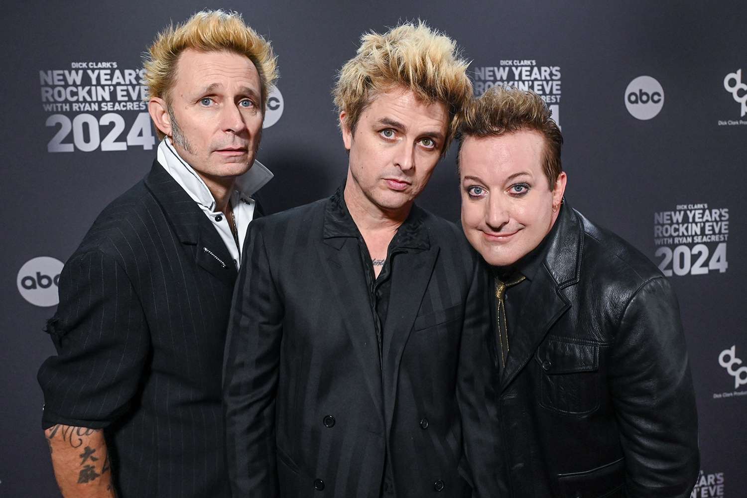 December 31, 2023, Mike Dirnt, Billy Joe Armstrong and Tre Cool of Green Day arrive at Dick Clark's New Year's Rockin' Eve with Ryan Seacrest 2024 in Hollywood, California. 
