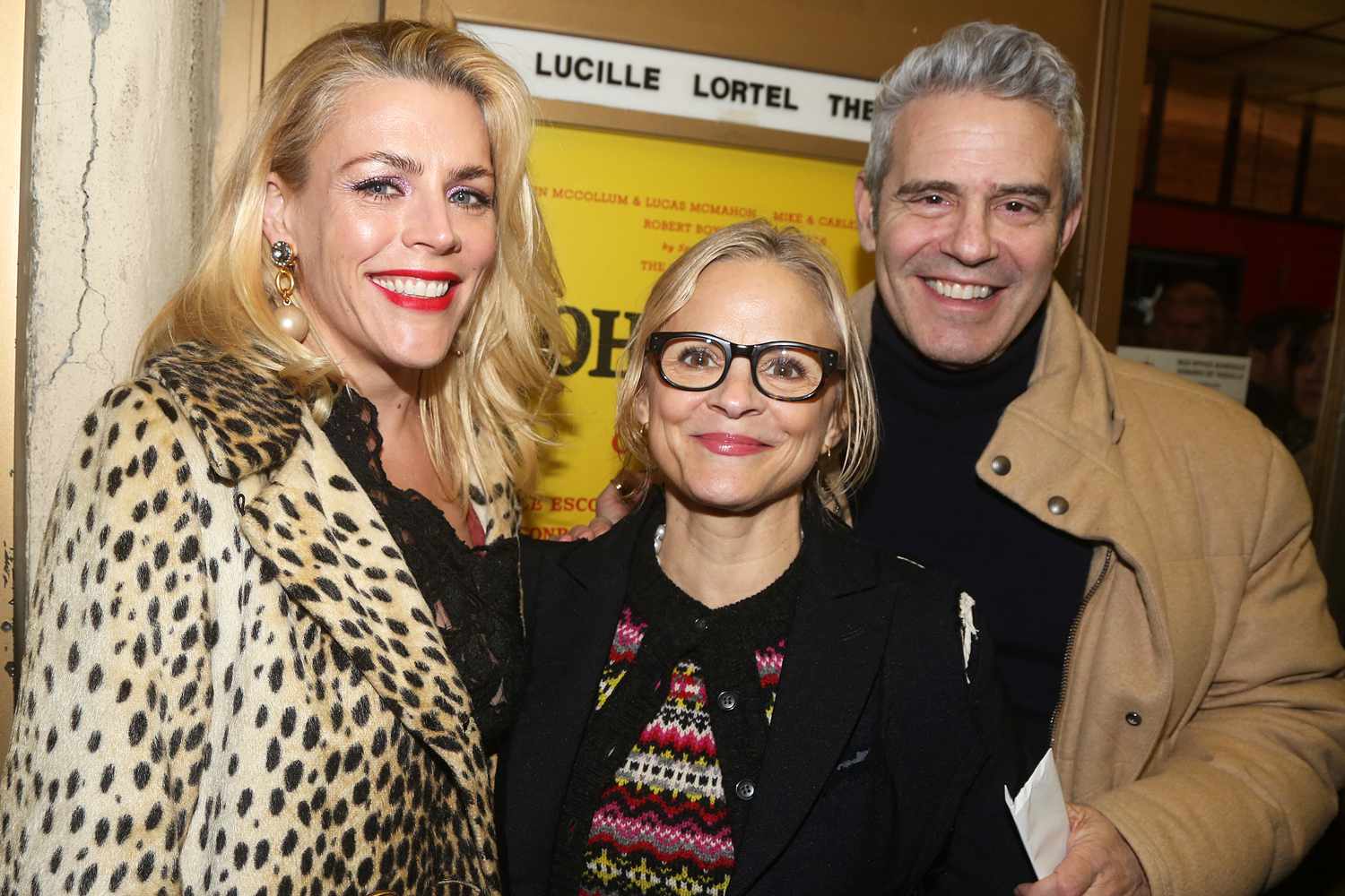 Busy Philipps, Amy Sedaris and Andy Cohen pose at the opening night of the new play "Oh, Mary!" at The Lucille Lortel Theatre on February 8, 2024 in New York City.