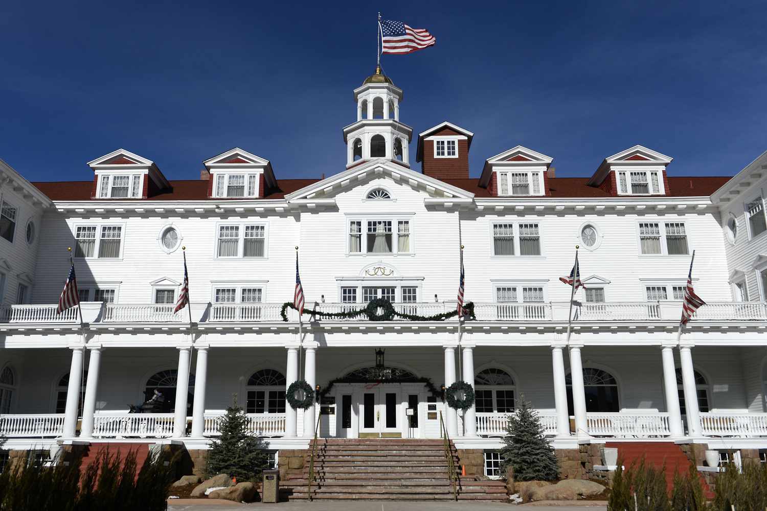 The beautiful Stanley Hotel is pictured from the front on January 12, 2016 in Estes Park, Colorado.
