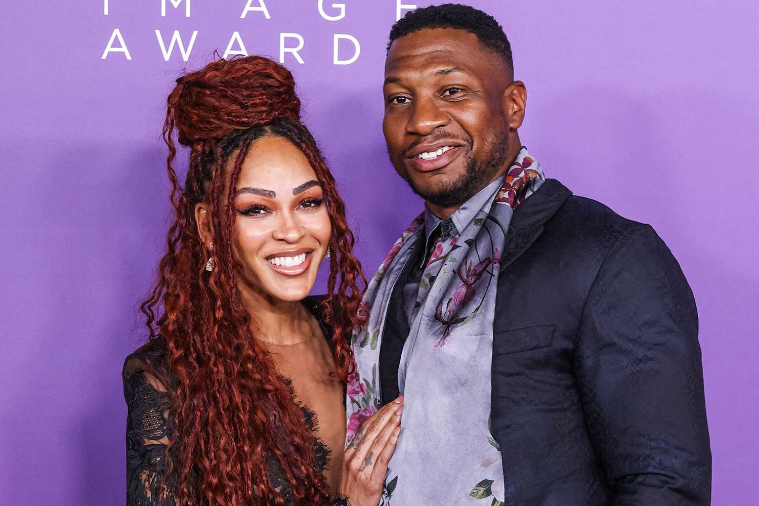 Meagan Good and boyfriend Jonathan Majors arrive at the 55th Annual NAACP Image Awards held at the Shrine Auditorium and Expo Hall on March 16, 2024 in Los Angeles, California, United States.