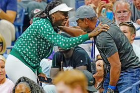 Mandatory Credit: Photo by Seth Wenig/AP/Shutterstock (13354353in) Tiger Woods, right, greets Venus Williams while watching play between Serena Williams, of the United States, and Anett Kontaveit, of Estonia, during the second round of the U.S. Open tennis championships, in New York US Open Tennis, New York, United States - 31 Aug 2022