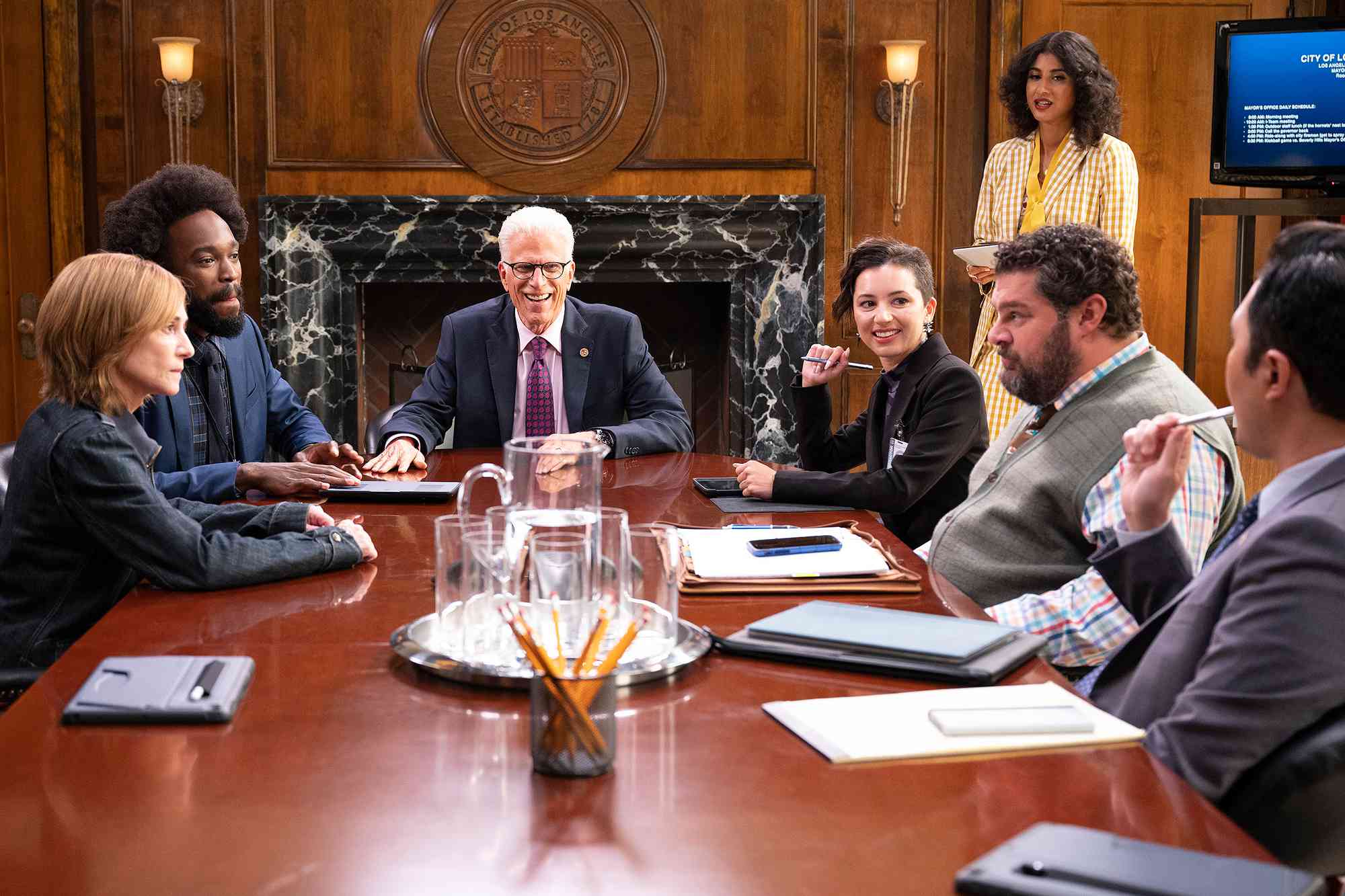 MR. MAYOR -- "Mayor Daddy" Episode 202 -- Pictured: (l-r) Holly Hunter as Arpi, Yedoye Travis as James, Ted Danson as Mayor Neil Bremer, Vella Lovell as Mikaela, Bobby Moynihan as Jayden, Mike Cabellon as Tommy