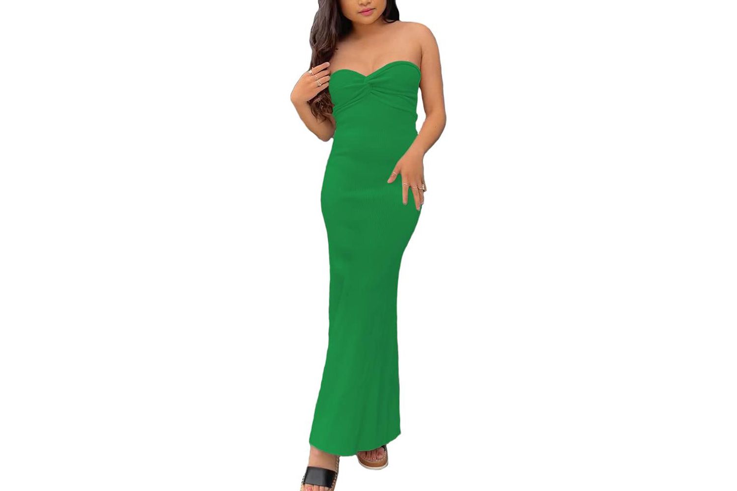 Amazon Sdencin Women Sexy Twist Knot Front Ribbed Knit Bodycon Bandeau Tube Dress Casual Solid Strapless Maxi Long Dress