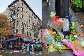 People gather outside the Friends apartment in NYC after Matthew Perry's death