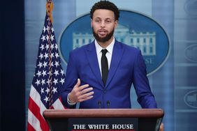 WASHINGTON, DC - JANUARY 17: Golden State Warriors star Steph Curry speaks during the daily White House press briefing on January 17, 2023 in Washington, DC. The Warriors, defending NBA champions, will meet later in the day with U.S. President Joe Biden. (Photo by Win McNamee/Getty Images)