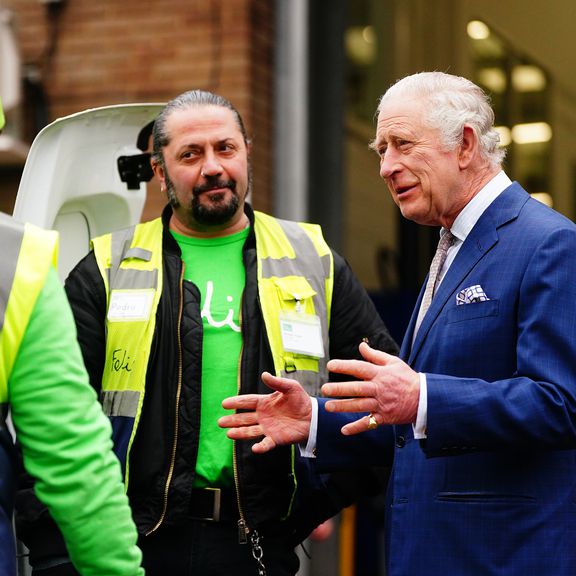 King Charles III talking to food bank delivery drivers during a visit to The Felix Project in Poplar, East London, to recognise the staff, volunteers and partner organisations who work to provide meals to some of London's most vulnerable people. Picture date: Wednesday February 22, 2023.