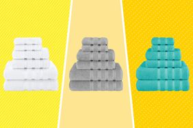 Collage of three sets of towels we recommend in different colors over yellow backgrounds.