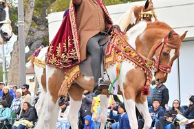 Carson Kressley dons a crown and a cape as he rides a horse while making his yearly appearance at the Rose Parade in California