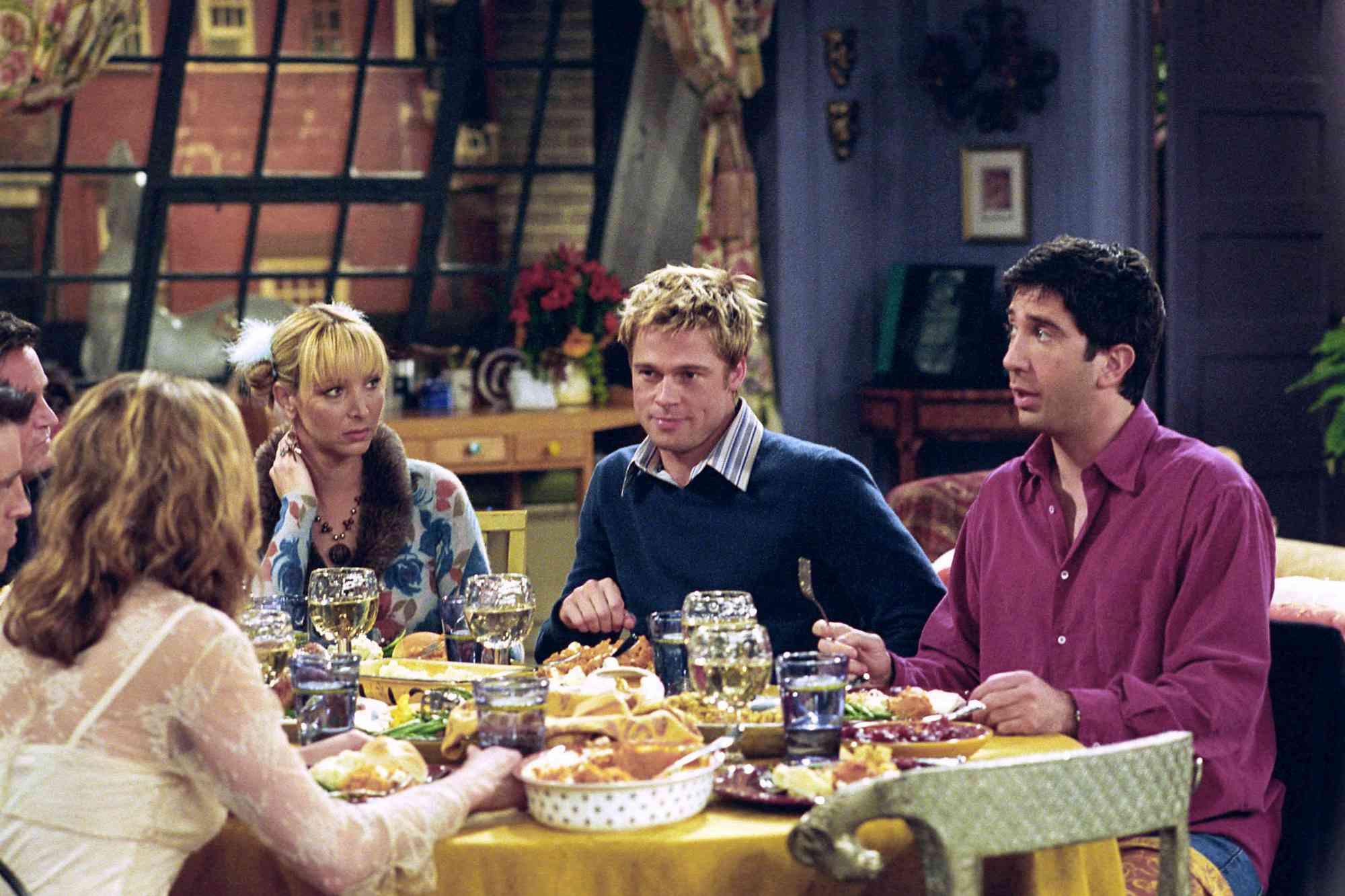 'Friends' -- "The One with the Rumor"-- Episode 9 -- Aired 11/22/2001 -- Pictured: (l-r) Jennifer Aniston as Rachel Green, Lisa Kudrow as Phoebe Buffay, Brad Pitt as Will Colbert, David Schwimmer as Ross Geller -- Photo by : Danny Feld/NBCU Photo Bank