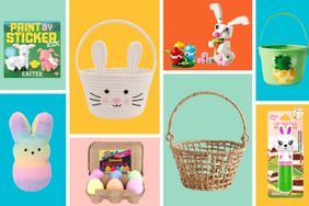 Collage of Easter Baskets for Kids, Adults, and Pets that we recommended on colorful backgrounds