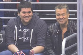 LOS ANGELES, CA - MARCH 29: Wolfgang Van Halen (L) and Eddie Van Halen attend a hockey game between the Winnipeg Jets and the Los Angeles Kings at Staples Center on March 29, 2014 in Los Angeles, Californi