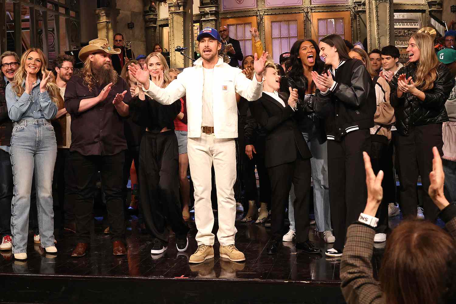 SNL Morgane Stapleton, musical guest Chris Stapleton, surprise guest Emily Blunt, host Ryan Gosling, surprise guest Kate McKinnon, and surprise guest Caitlin Clark during the Goodnights & Credits