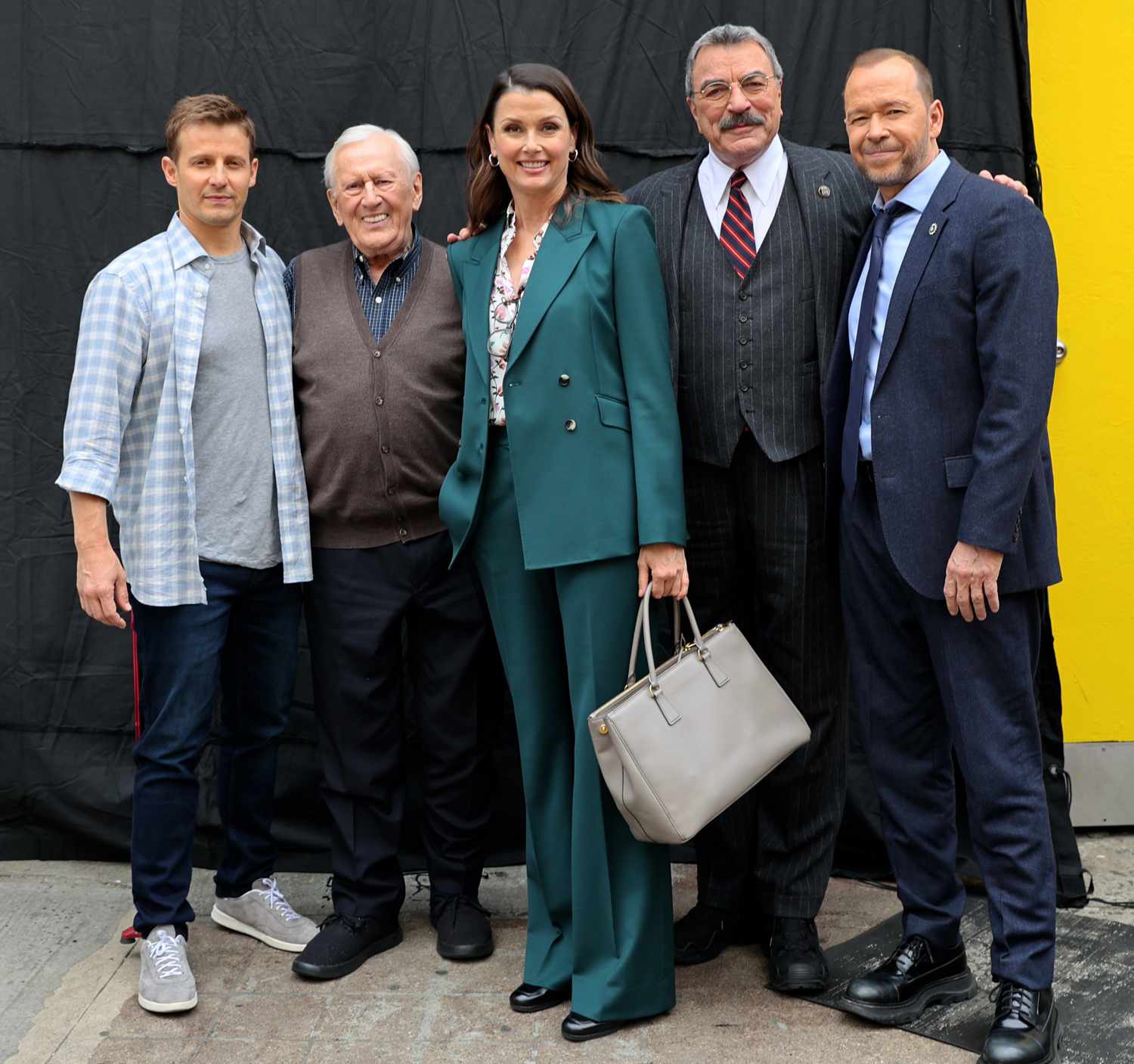 Will Estes, Len Cariou, Bridget Moynahan, Tom Selleck and Donnie Wahlberg are seen on the set of "Blue Bloods" in Greenpoint, Brooklyn on May 01, 2024 in New York City.