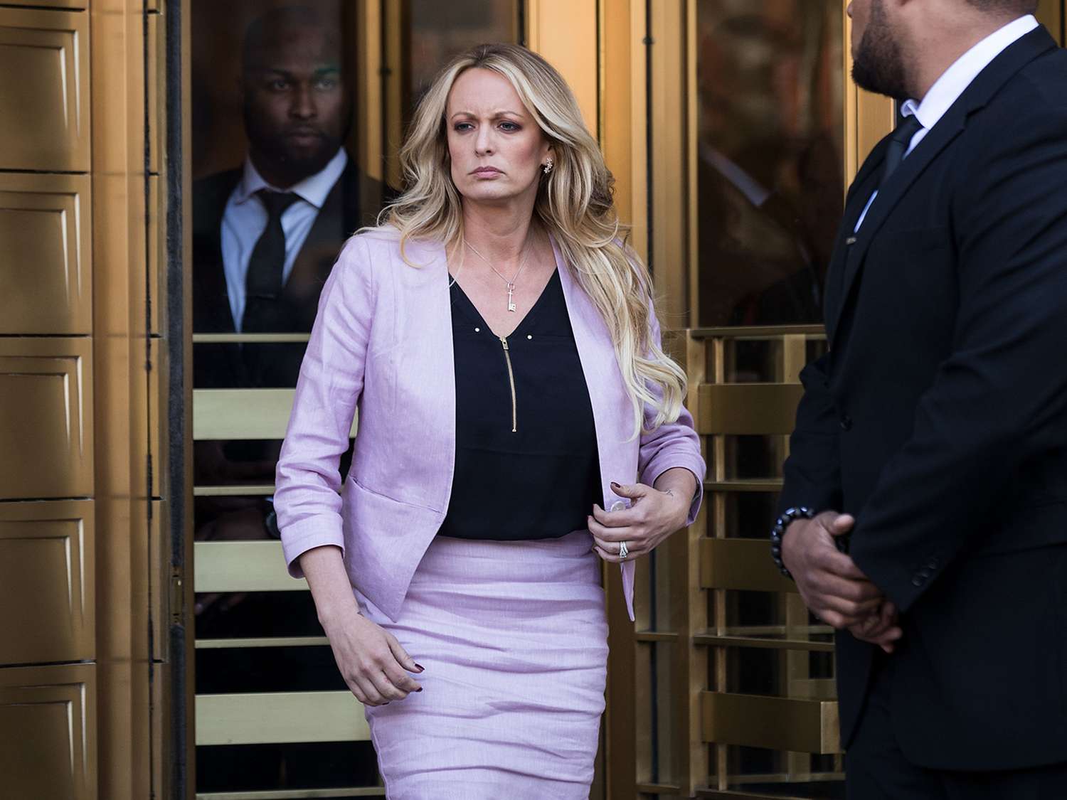 Stormy Daniels exits the United States District Court Southern District of New York for a hearing related to Michael Cohen on April 16, 2018 in New York City. 