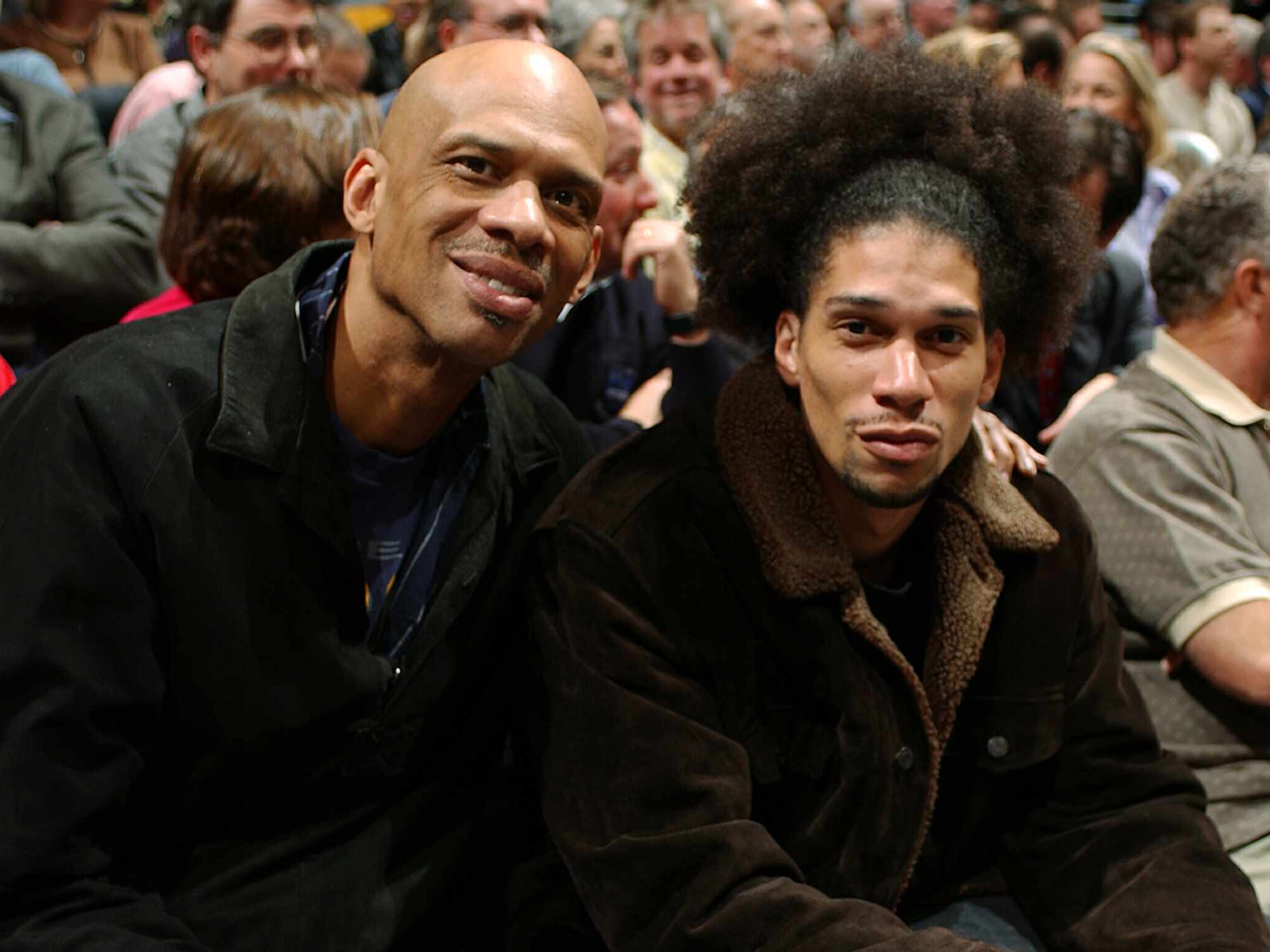 Kareem Abdul-Jabbar and his son attend the Los Angeles Lakers against the New York Knicks