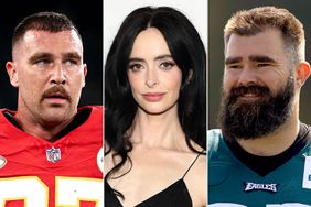 Travis Kelce #87 of the Kansas City Chiefs warms up prior to an NFL football game; Krysten Ritter attends the 2024 Hollywood Beauty Awards at Taglyan Complex; Jason Kelce #62 of the Philadelphia Eagles looks on during training camp 