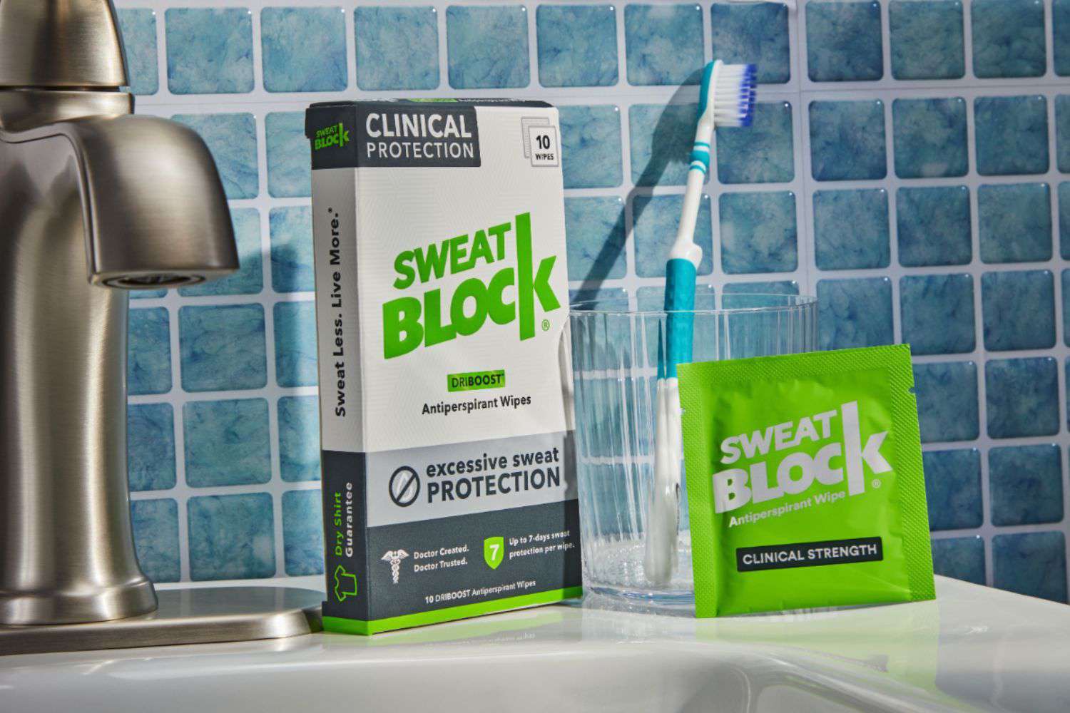 SweatBlock Clinical Strength DRIBOOST Antiperspirant Wipes on bathroom counter