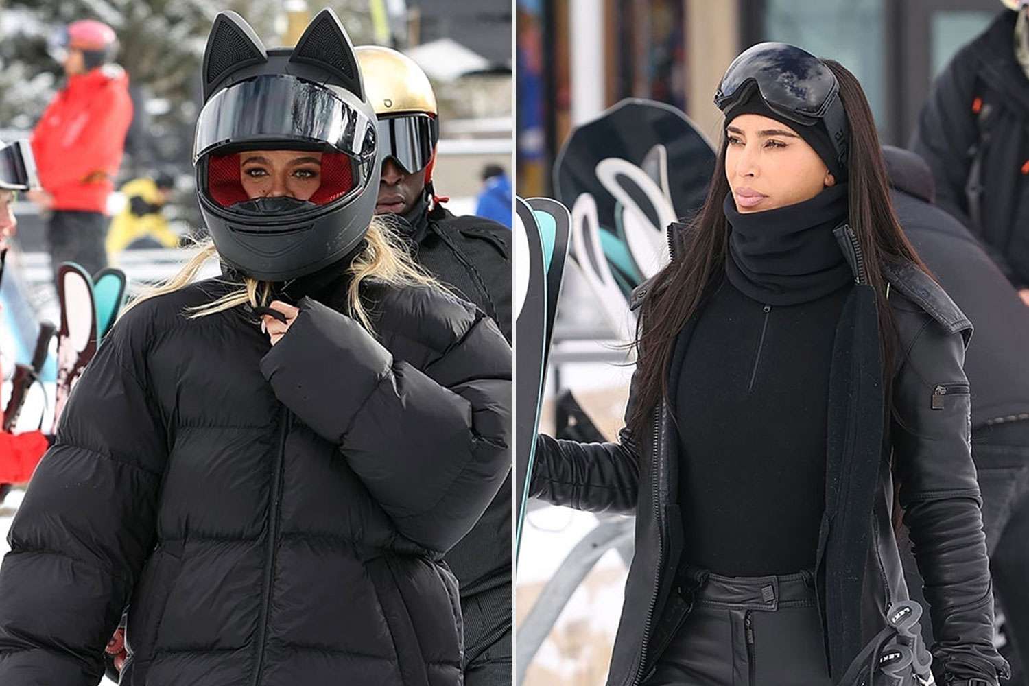 Kim, Kendall and Khloe bring A-LIST style to the slopes as they hit Buttermilk mountain in Aspen Kim was spotted in a full Chanel carrying her OWN skis as she prepared to hit the snow. Khloe meanwhile sported Balenciaga with a ADORABLE CAT EAR helmet as the sisters spent a days skiing with Corey and Kris.