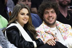Selena Gomez and Benny Blanco during the first half of an NBA basketball game between the Los Angeles Lakers at Crypto.com Arena in Los Angeles Wednesday, Jan. 3, 2024.