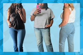Collage of three people wearing jeans on a blue background
