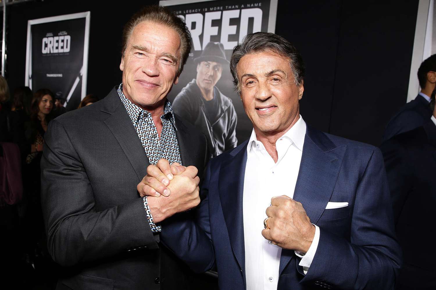Arnold Schwarzenegger and Producer Sylvester Stallone seen at Los Angeles World Premiere of New Line Cinema's and Metro-Goldwyn-Mayer Pictures' 'Creed' at Regency Village Theater on Thursday, November 19, 2015, in Westwood, CA.