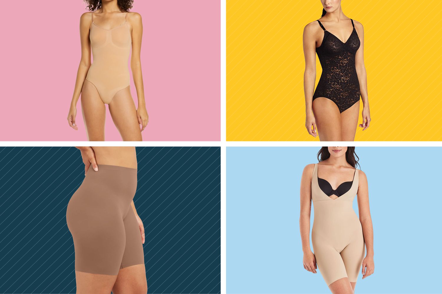 Collage of shapewear we recommend on a colorful background